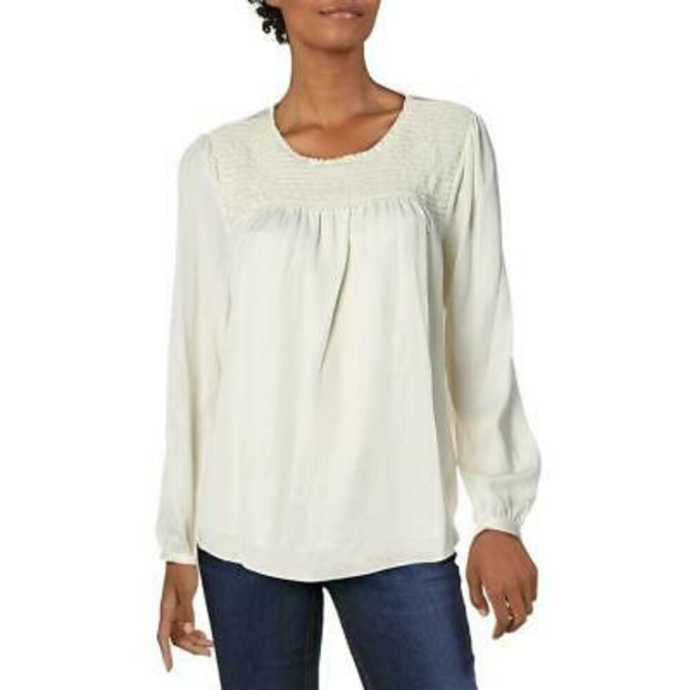 Gibson Latimer Smocked Top Size L Keyhole Satin Blouse Off White NWT $89 A3